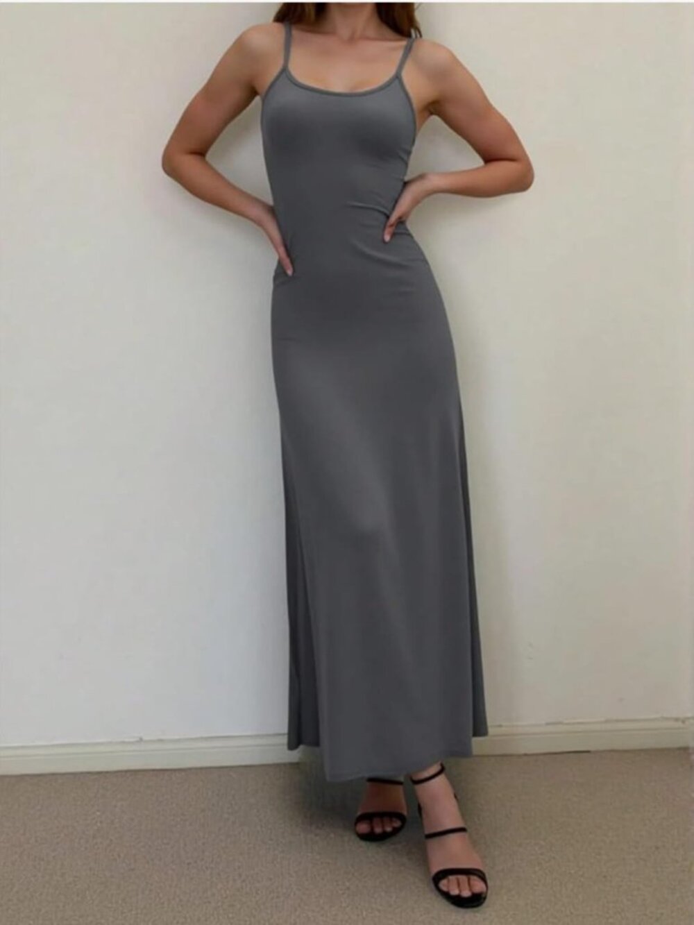 Women's casual summer midi dress; spaghetti straps,open back form-fitting yet